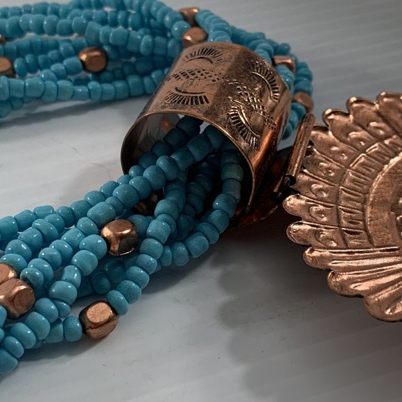 Turquoise Colored Necklace Multistrand Beaded Large Copper Colored Pendant 25" - Picture 11 of 14